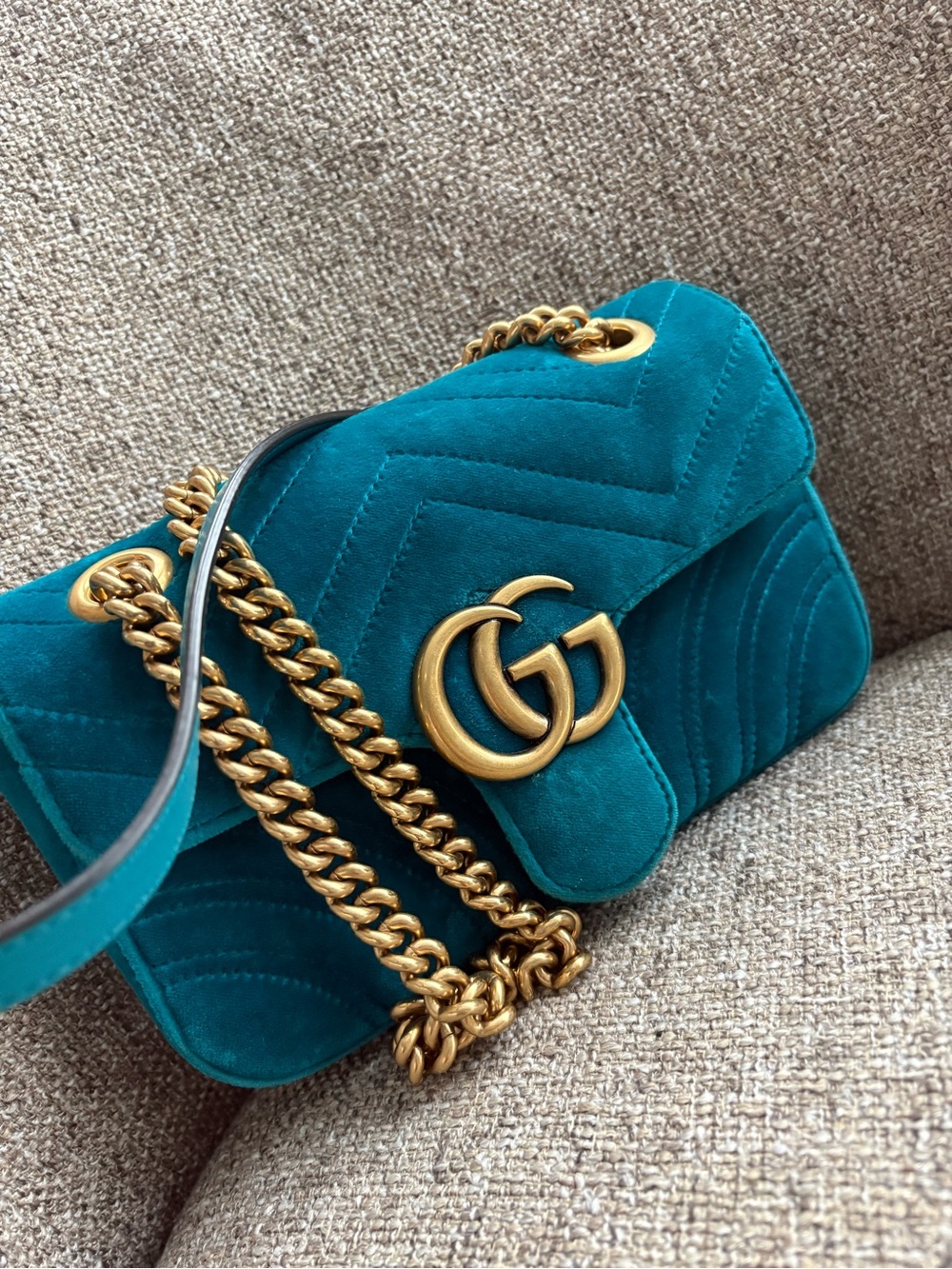 Gucci Teal Velvet GG Marmont Chain Shoulder Bag